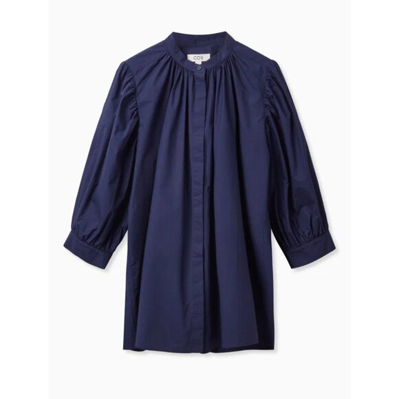 COS Gathered Puff Sleeve Blouse Button Front Billowy Cotton Navy Blue Sz 12 - Picture 2 of 9